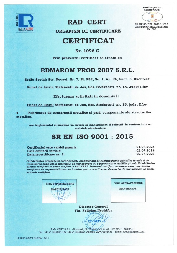 Certificat SR EN ISO 9001:2015, nr. 1096 C, RO — pagina 1 din 3
