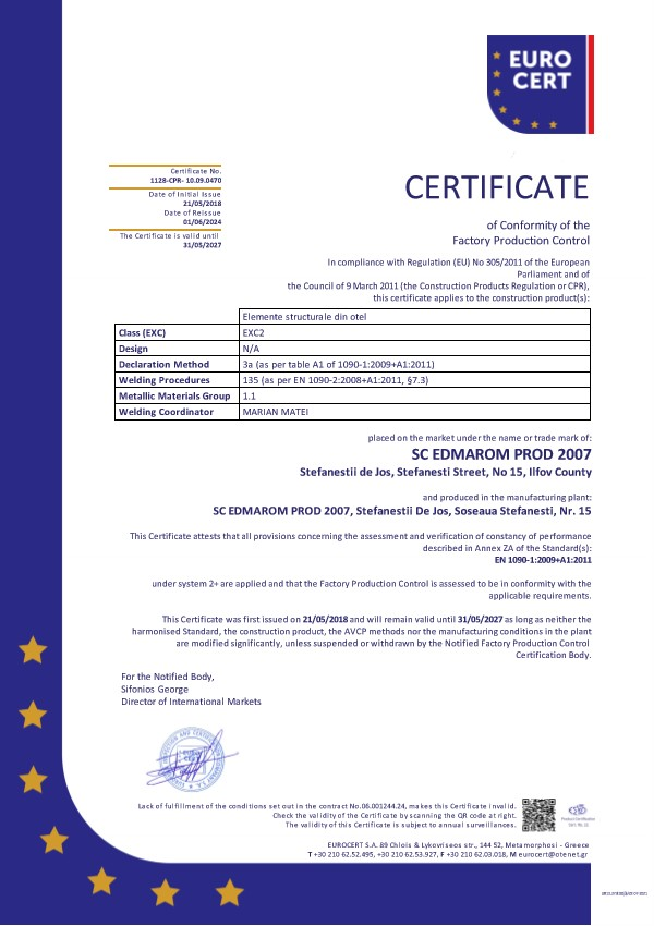 Certificat EN 1090-1:2009+A1:2011, nr. 1128-CPR-10.09.0470, EN — pagina 1 din 1