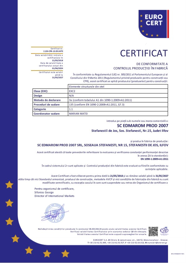 Certificat EN 1090-1:2009+A1:2011, nr. 1128-CPR-10.09.0470, RO — pagina 1 din 1